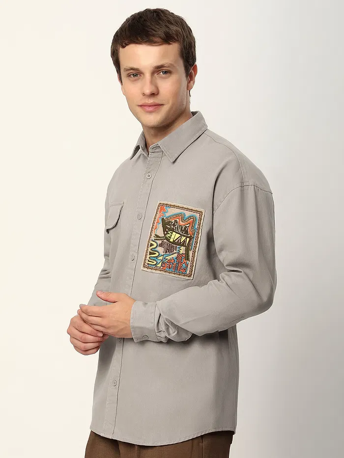 Pale Grey Embroidered  Applique Patch Shirt