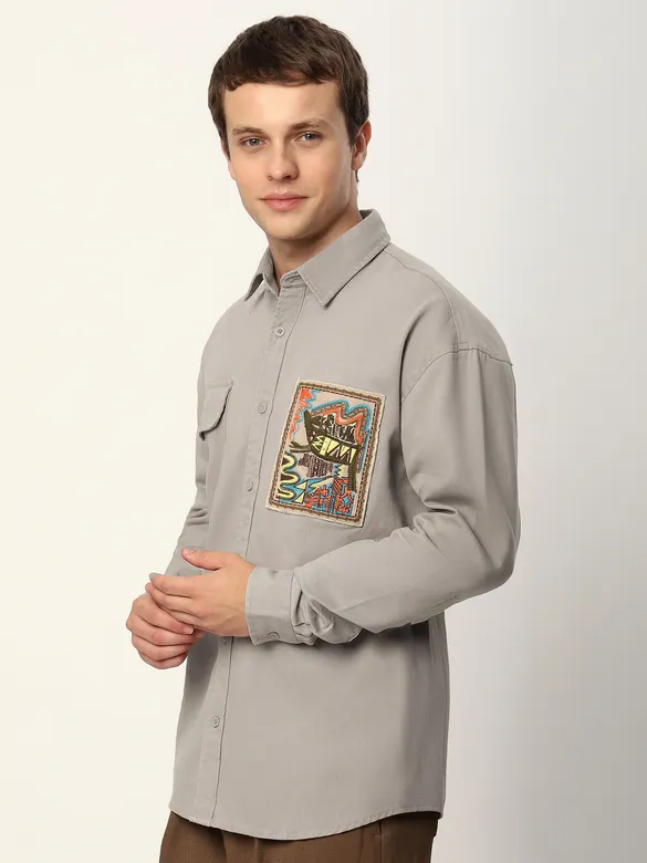 Pale Grey Embroidered  Applique Patch Shirt