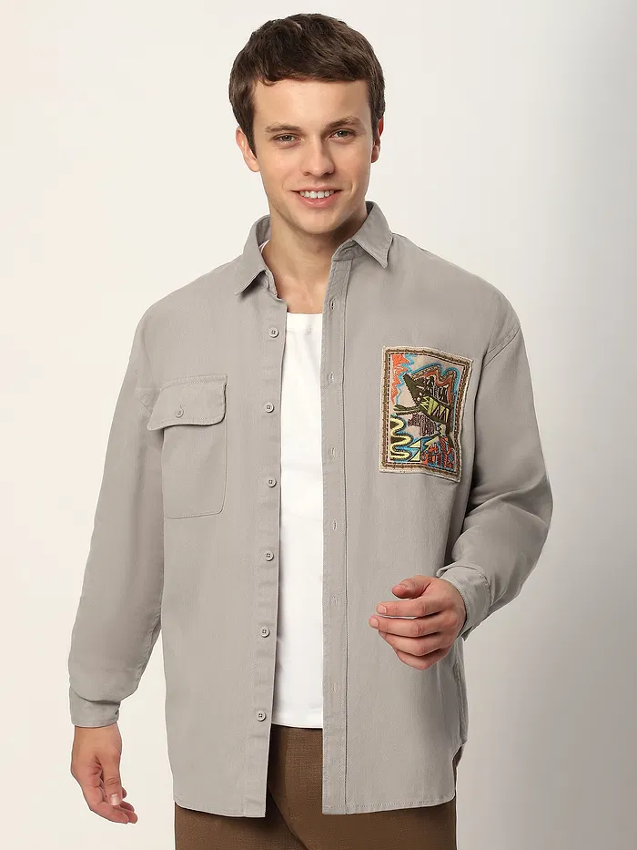 Pale Grey Embroidered  Applique Patch Shirt