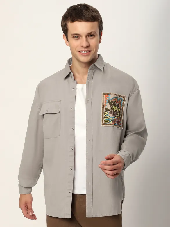 Pale Grey Embroidered  Applique Patch Shirt