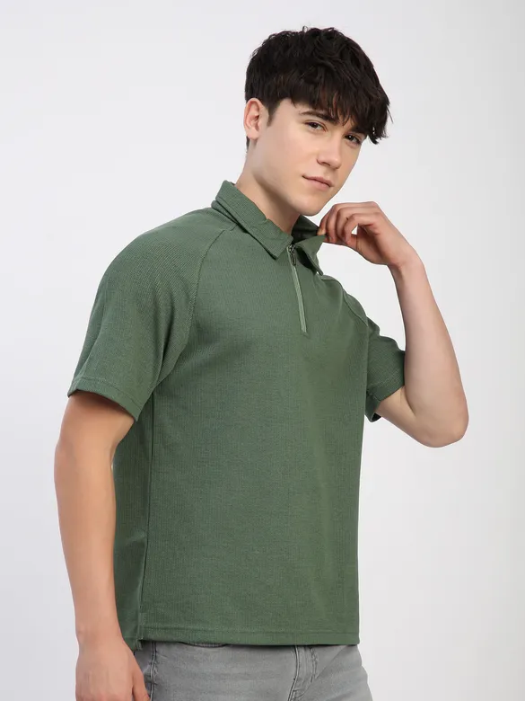 Pale Olive Raglan Sleeve Zipper Polo T-Shirt