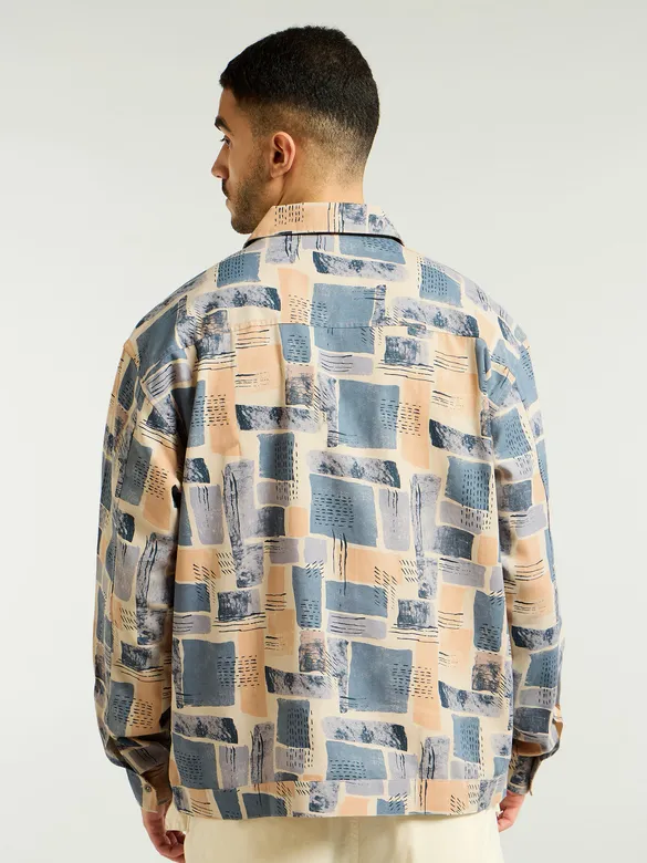 Peach and Beige Cotton Abstract Shacket