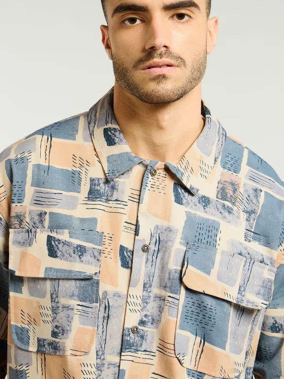 Peach and Beige Cotton Abstract Shacket