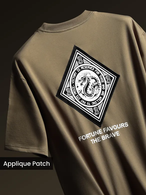 Peanut Brown Chinese Dragon Back Patch Oversized T-Shirt