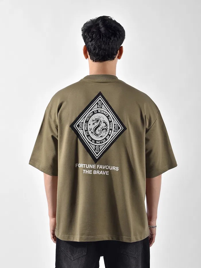 Peanut Brown Chinese Dragon Back Patch Oversized T-Shirt