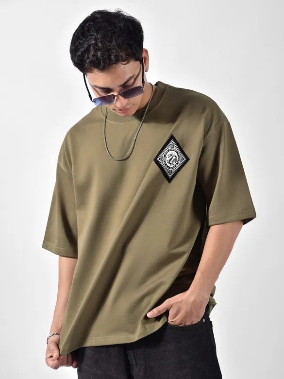 Peanut Brown Chinese Dragon Back Patch Oversized T-Shirt