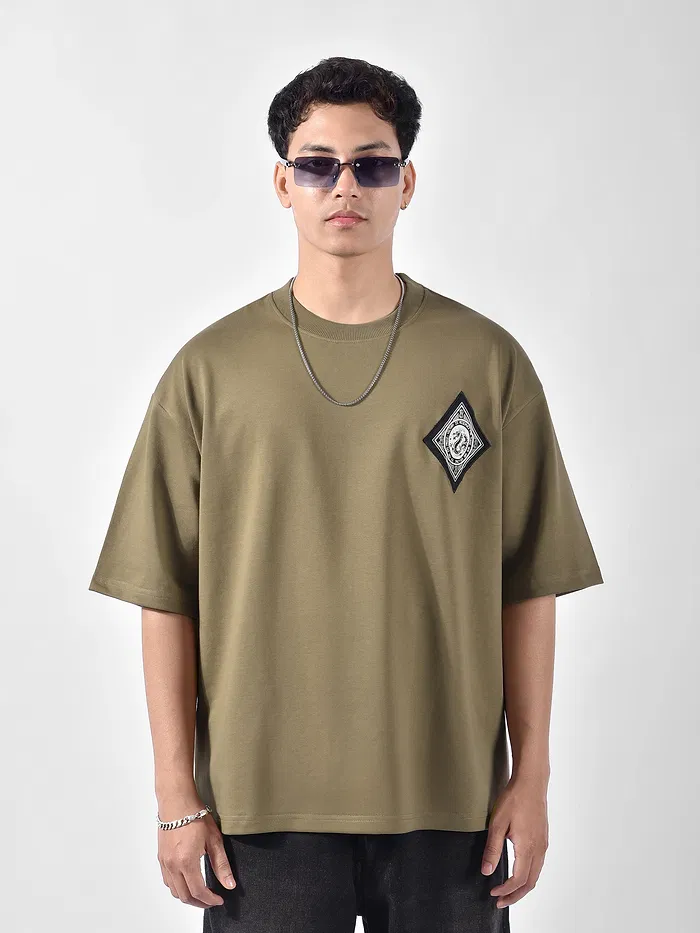 Peanut Brown Chinese Dragon Back Patch Oversized T-Shirt