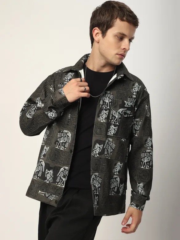 Brown printed shacket for men