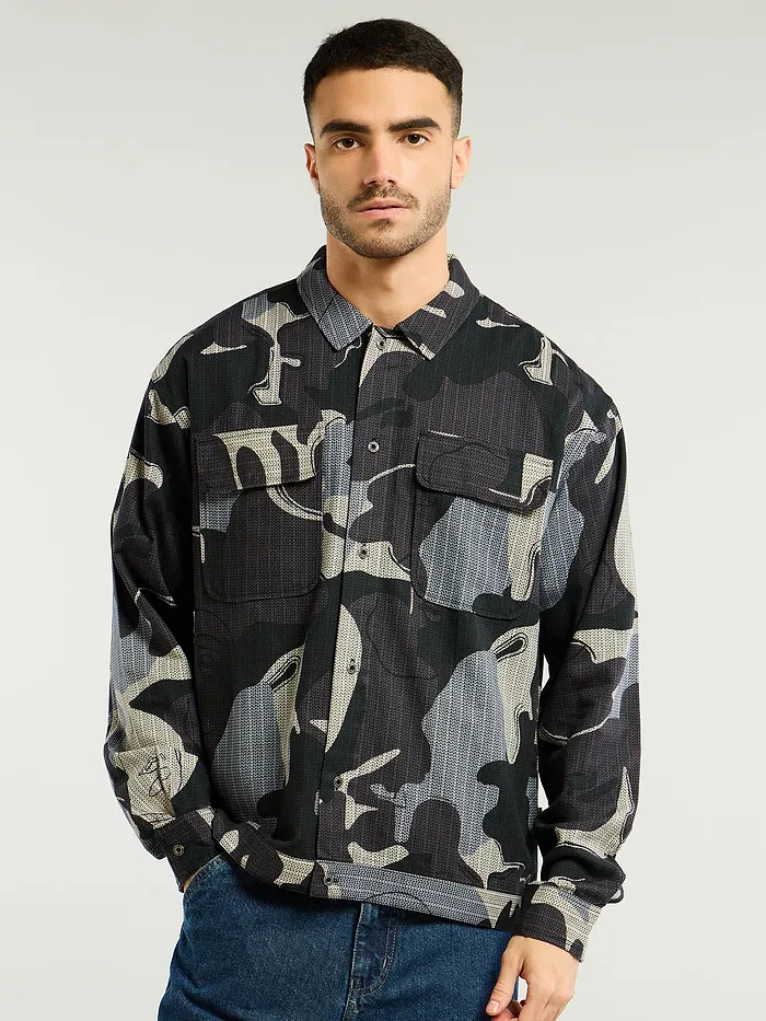 Pine Grove Green Camo Print Shacket