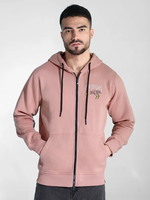Pink Printed Zipper Hoodie