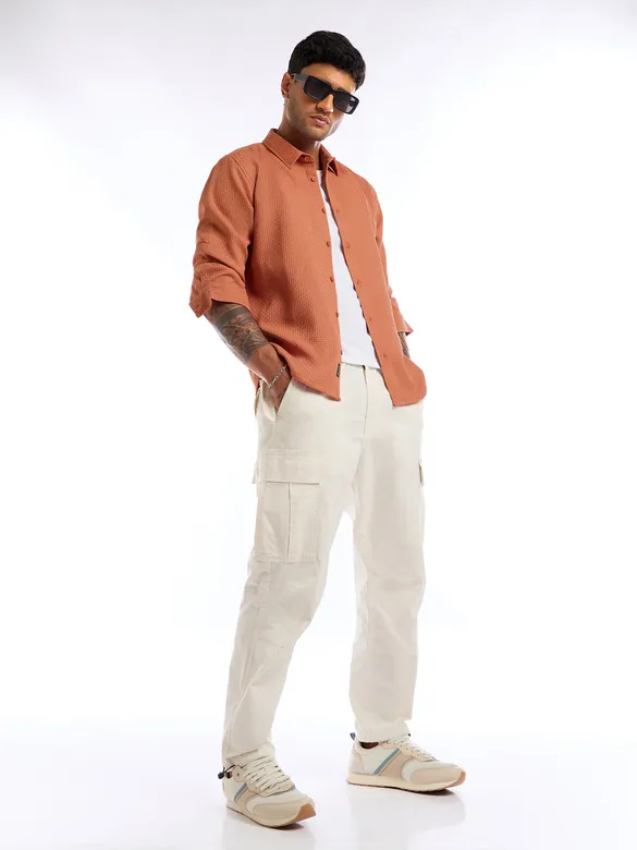 Rust Orange Full Sleeve Waffle Shirt For Men