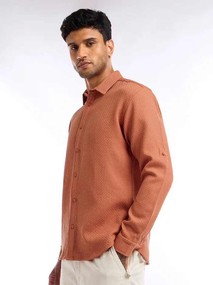 Rust Orange Full Sleeve Waffle Shirt For Men