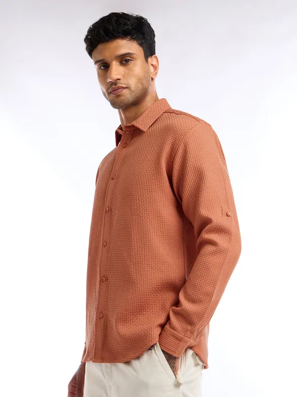 Rust Orange Full Sleeve Waffle Shirt For Men