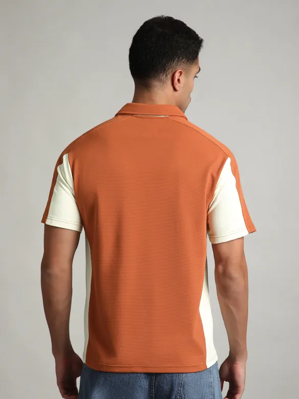 Rust Orange Sporty Color Block V-Neck Polo T-Shirt