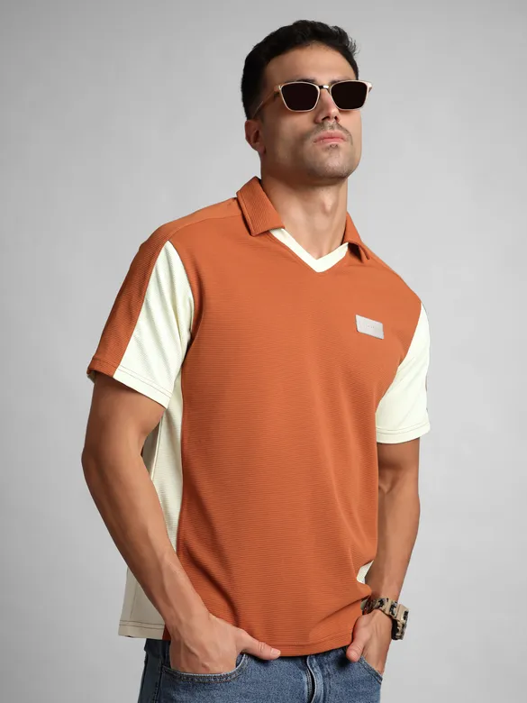 Rust Orange Sporty Color Block V-Neck Polo T-Shirt