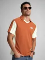 Rust Orange Sporty Color Block V-Neck Polo T-Shirt