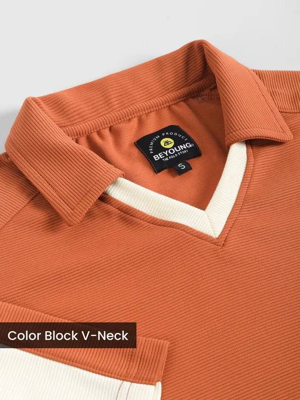 Rust Orange Sporty Color Block V-Neck Polo T-Shirt