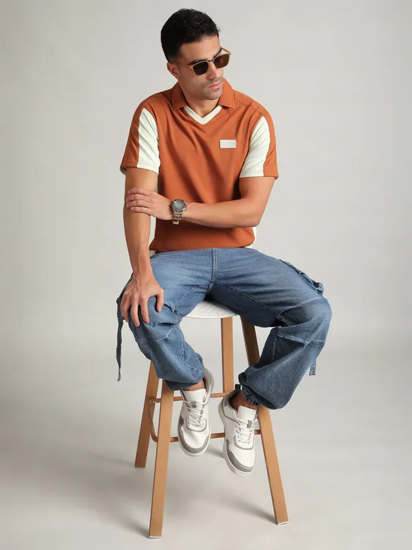 Rust Orange Sporty Color Block V-Neck Polo T-Shirt