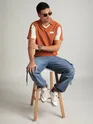 Rust Orange Sporty Color Block V-Neck Polo T-Shirt
