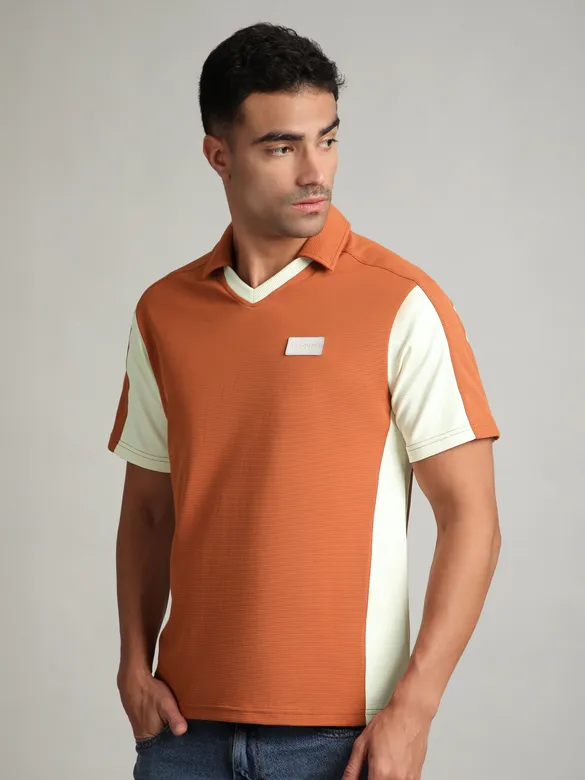 Rust Orange Sporty Color Block V-Neck Polo T-Shirt