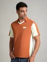 Rust Orange Sporty Color Block V-Neck Polo T-Shirt