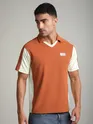 Rust Orange Sporty Color Block V-Neck Polo T-Shirt
