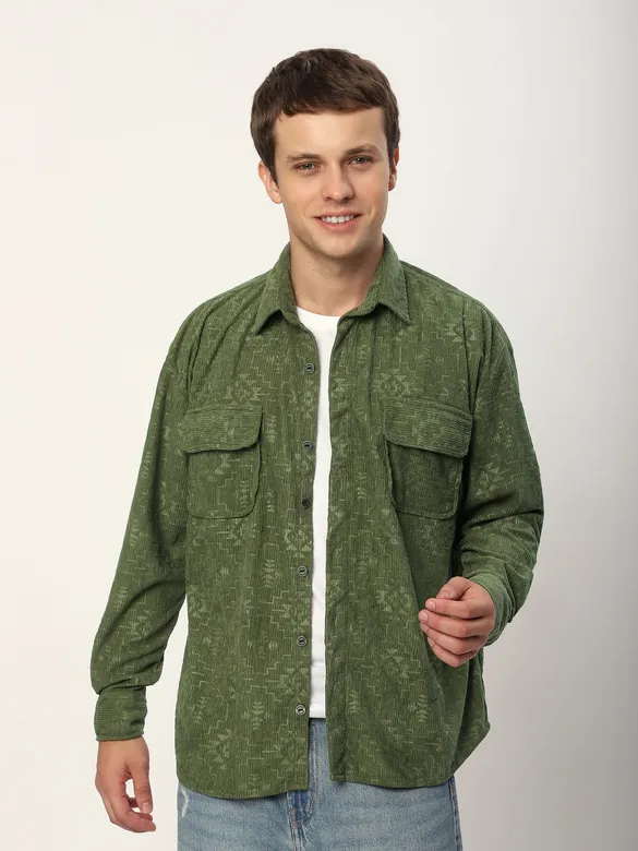 Sage Green Abstract Structured Corduroy Shirt