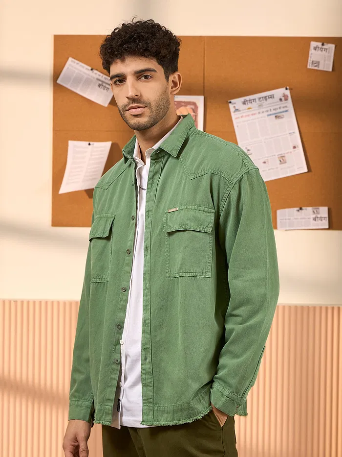 Sage Green Over Dyed Denim Shirt for Men