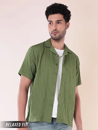 Sage Green Striped Casual Shirt for Men