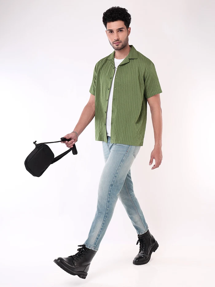 Sage Green Striped Casual Shirt for Men
