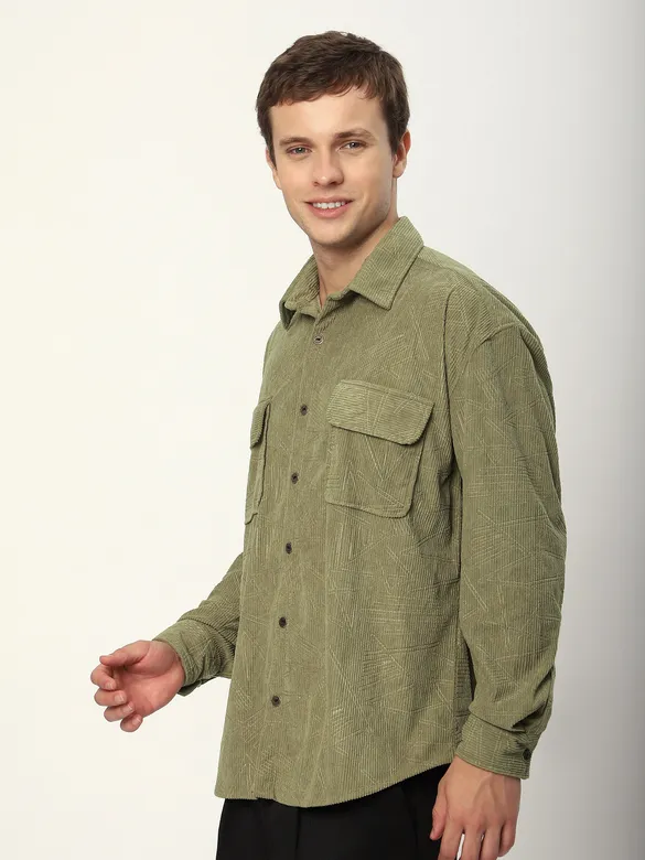 Sage Green Tribal Textured Corduroy Shirt