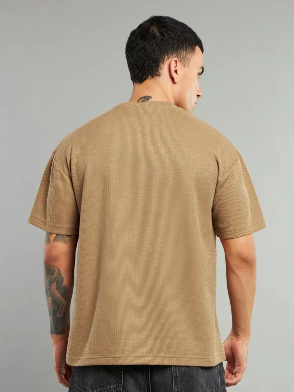 Sand Brown Ribbed Texture Oversized T-Shirt