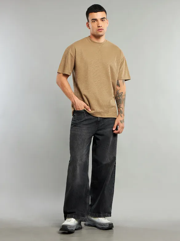 Sand Brown Ribbed Texture Oversized T-Shirt