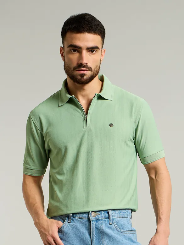 Seafoam Green Textured Zipper Polo T-shirt