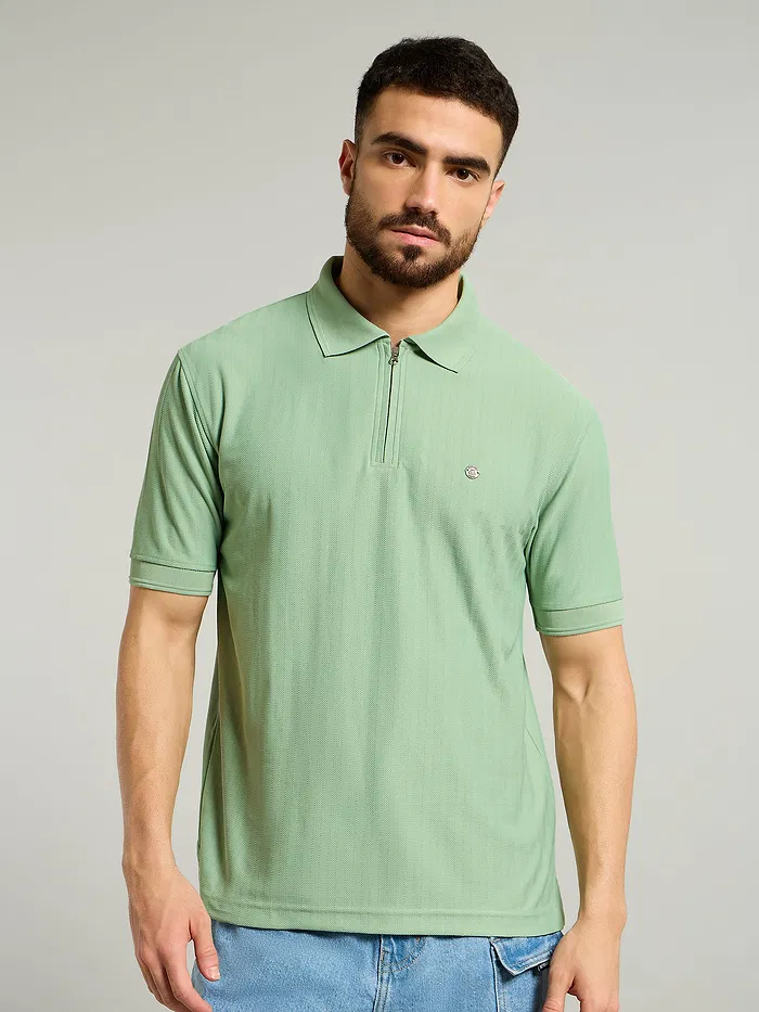Seafoam Green Textured Zipper Polo T-shirt