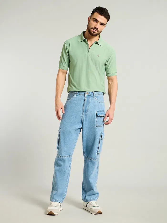 Seafoam Green Textured Zipper Polo T-shirt