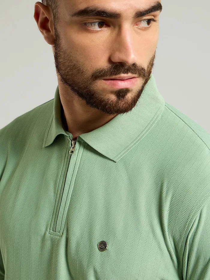 Seafoam Green Textured Zipper Polo T-shirt