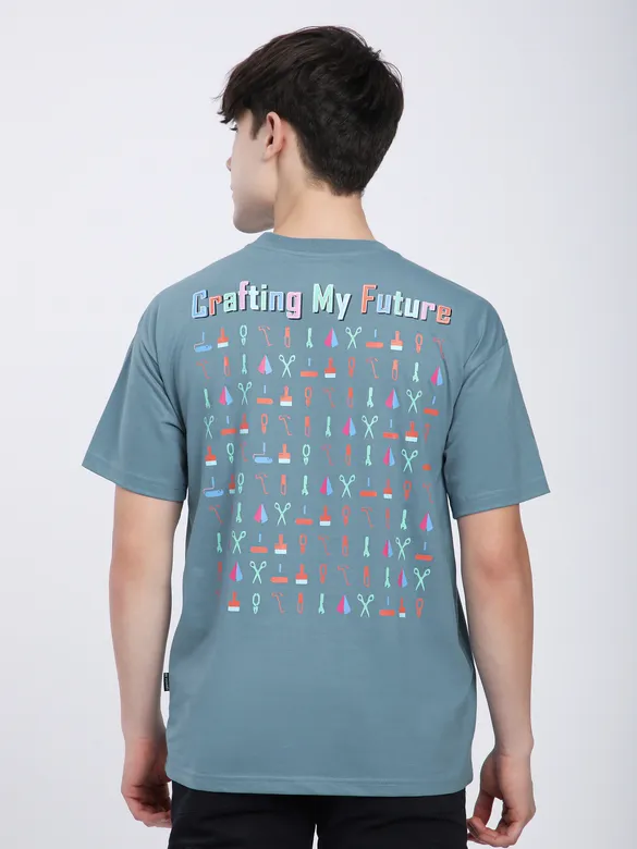 Smoky Blue Typography Printed Oversized T-Shirt