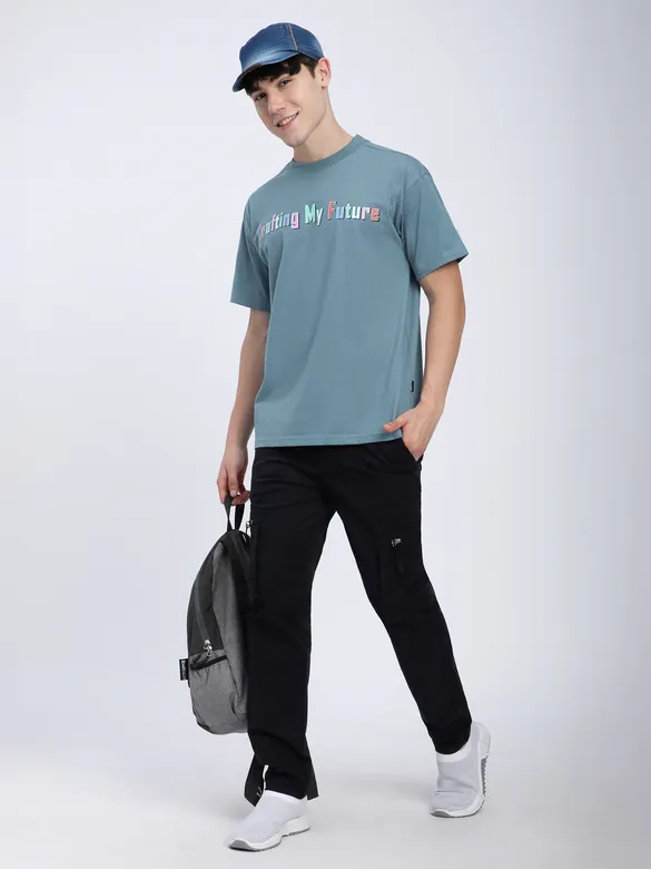 Smoky Blue Typography Printed Oversized T-Shirt