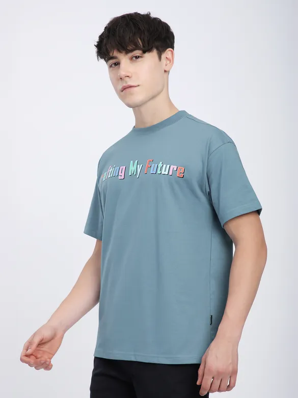 Smoky Blue Typography Printed Oversized T-Shirt