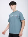 Smoky Blue Typography Printed Oversized T-Shirt