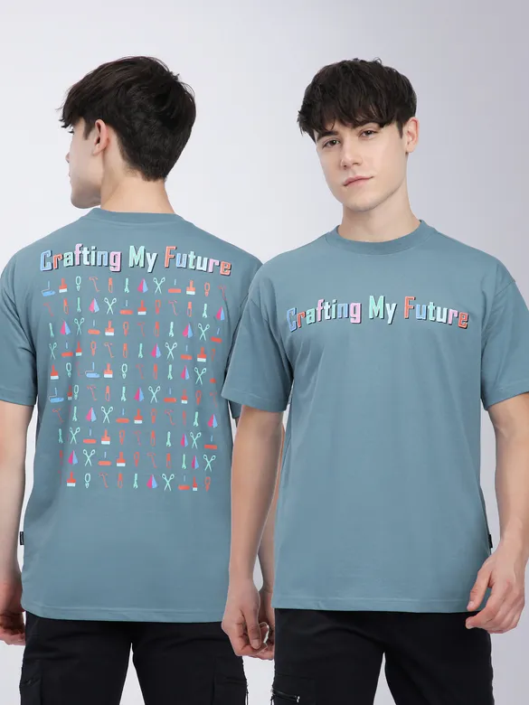 Smoky Blue Typography Printed Oversized T-Shirt