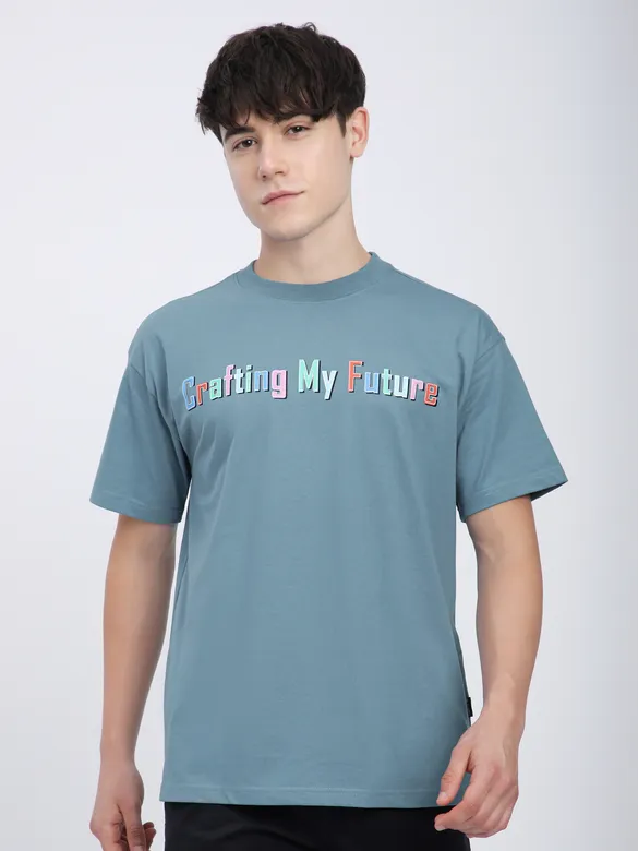 Smoky Blue Typography Printed Oversized T-Shirt