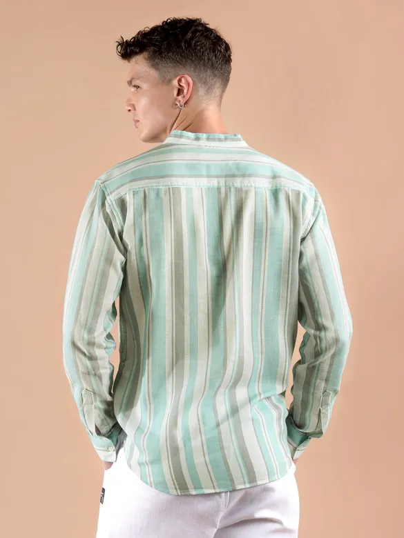 Soft Aqua Stripe Mandarin Collar Shirt
