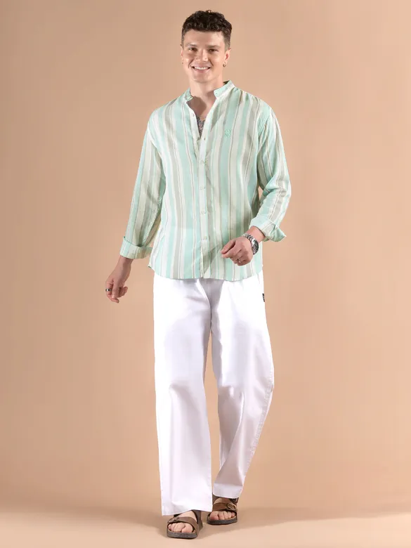 Soft Aqua Stripe Mandarin Collar Shirt