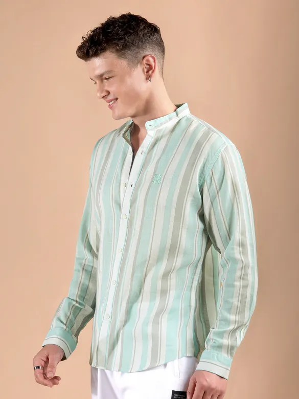 Soft Aqua Stripe Mandarin Collar Shirt