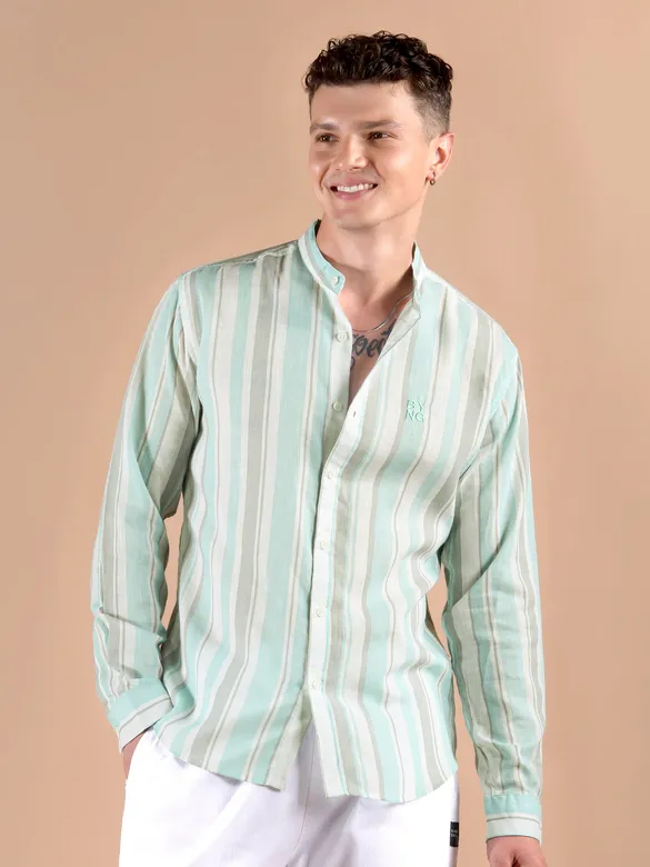 Soft Aqua Stripe Mandarin Collar Shirt