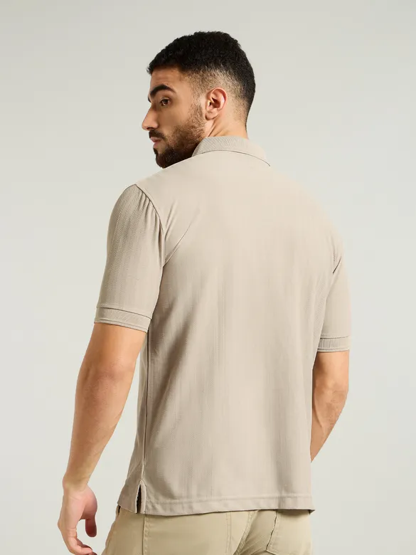 Soft Beige Textured Zipper Polo T-shirt