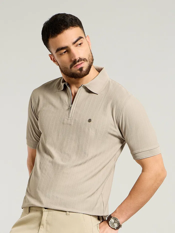 Soft Beige Textured Zipper Polo T-shirt