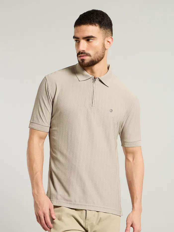 Soft Beige Textured Zipper Polo T-shirt